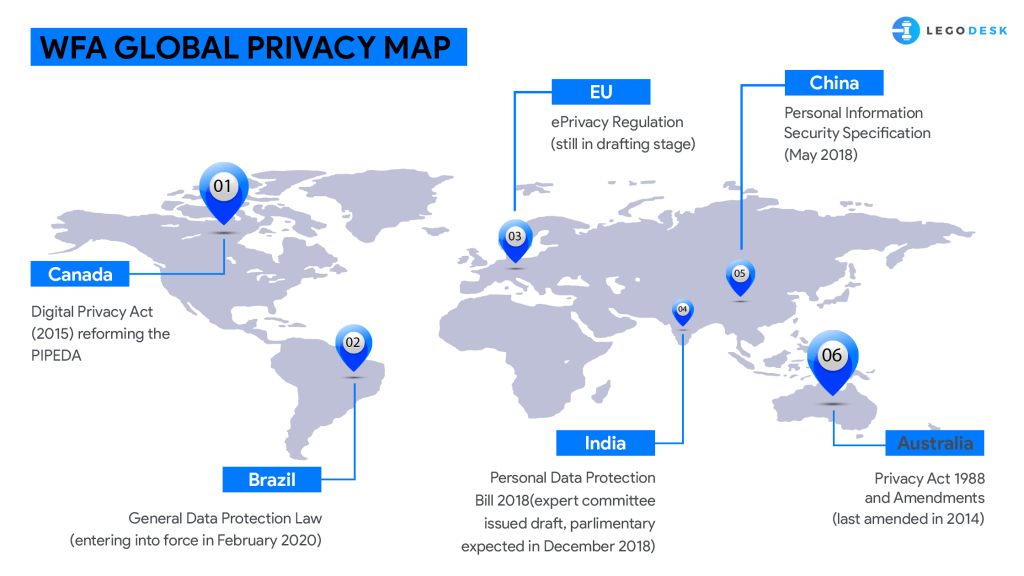world map showing the countries and their data privacy acts